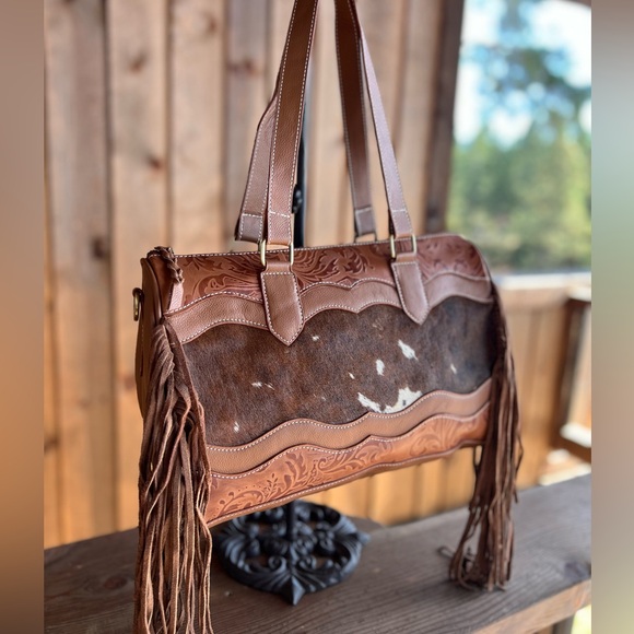 NEW Western Genuine Embossed Leather Cowhide Fringe Tassel Tan fall winter gift - Picture 2 of 13